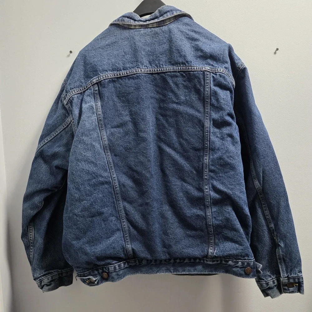 Vtg Levi Strauss Blue Denim Trucker‎ Jacket USA Green Flannel Lined Mens Size XL